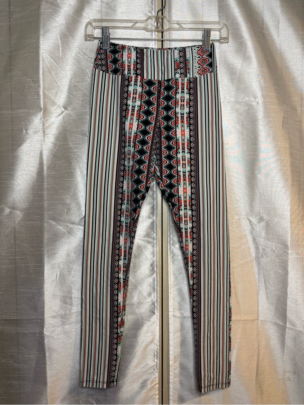 LuLaRoe Striped Aztec-Panel Leggings - Black, White, Teal & Coral